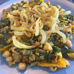 A picture of Lebanese-style Swiss chard and chickpeas.