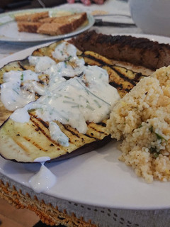 A picture of Grilled Aubergine with Yogurt Sauce.