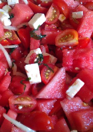 A picture of Watermelon and Tomato Salad.