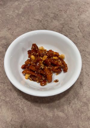 A picture of Honey glazed baby corn.