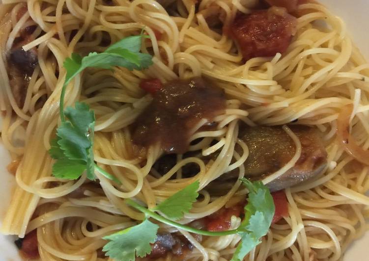 Steps to Make Super Quick Homemade Angel Hair Pasta Garlic, Tomatos and Achar Masala