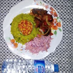 A picture of Beef-Fried Rice with Beetroot coleslaw.