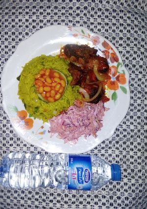 A picture of Beef-Fried Rice with Beetroot coleslaw.
