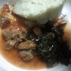 A picture of Stewed Beef with boiled Managu.