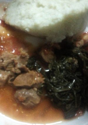 A picture of Stewed Beef with boiled Managu.