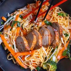 Stir fried egg noodles with roasted duck in sweet chilli plum sauce A picture of Stir fried egg noodles with roasted duck in sweet chilli plum sauce.