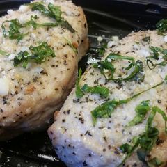 A picture of Rosemary-Garlic Pork Chops w/ Basil & Parmigiano.