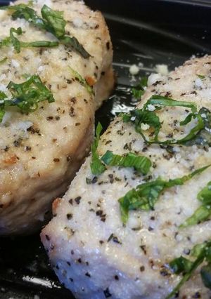 A picture of Rosemary-Garlic Pork Chops w/ Basil & Parmigiano.
