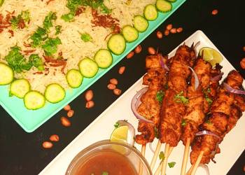 Easiest Way to Cook Appetizing Chicken satay with peanut sauce and mixed vegetable rice