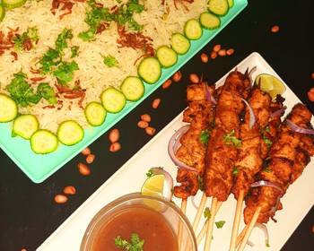 The New Way Making Recipe Chicken satay with peanut sauce and mixed vegetable rice Yummy