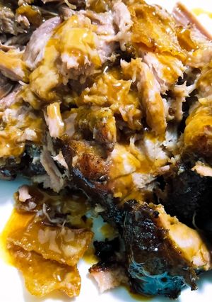 A picture of Slow-roasted pork shoulder w/maple, mustard, whisky glaze.