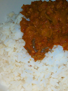 A picture of Rice with mince meat sauce.