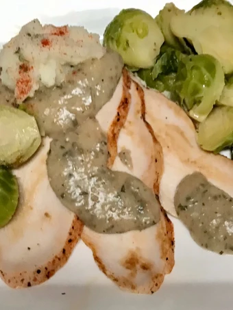 Recipe Roasted turkey breast, tarragon gravy, Blanched and sautéed Brussels sprouts, which Delicious