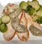 Recipe Roasted turkey breast, tarragon gravy, Blanched and sautéed Brussels sprouts, which Delicious