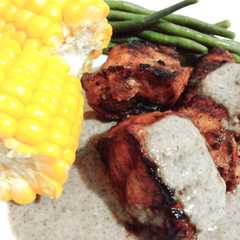 A picture of Grilled Honey Mustard Pork Side Ribs & Portobello Sauce.