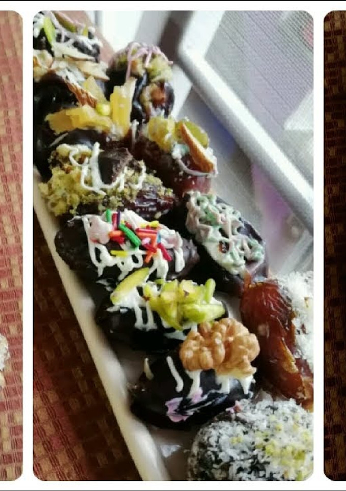 A picture of Stuffed dates with dry fruits and chocolate.