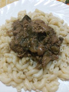 Фото Куриная печень с макаронными изделиями.