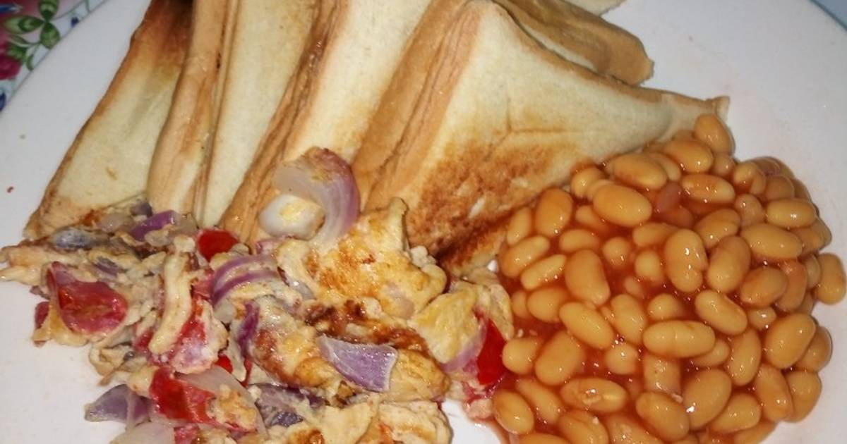 Toasted Bread with Fried Eggs and Baked Beans Recipe by Charity Brian