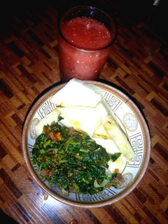 A picture of Water melon smoothie/friedyam&spinach sauce.