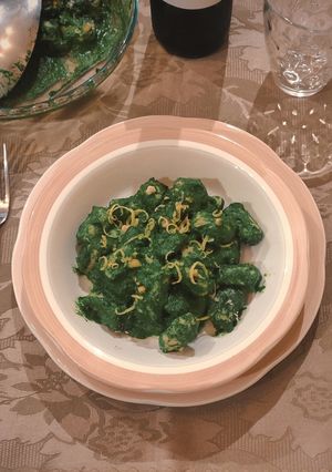 A picture of Buckwheat Ricotta Gnocchi with Spinach Pesto.