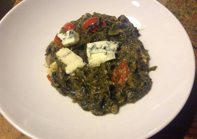 How to Make Award-winning Dandelion Ka Saag. with grape tomatoes and blue cheese