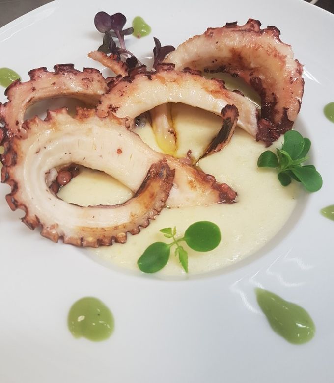 Foto di Tentacoli di polpo alla piastra, su letto di purea di patate