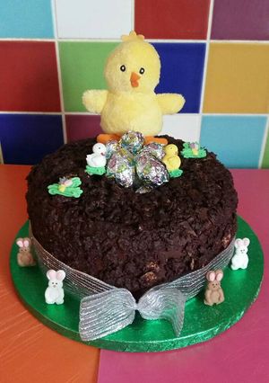 A picture of Vickys Easter Nest Cake with Mini Egg Truffles, GF DF EF SF NF.