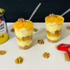 A picture of Mango Custard Pudding with Walnuts.