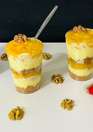 A picture of Mango Custard Pudding with Walnuts.