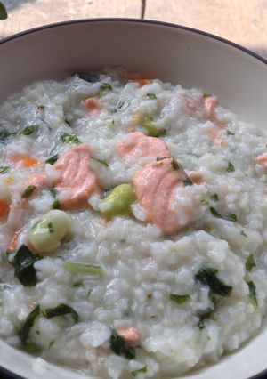 Foto resep Salmon Porridge with Edamame (MPASI 12m+)