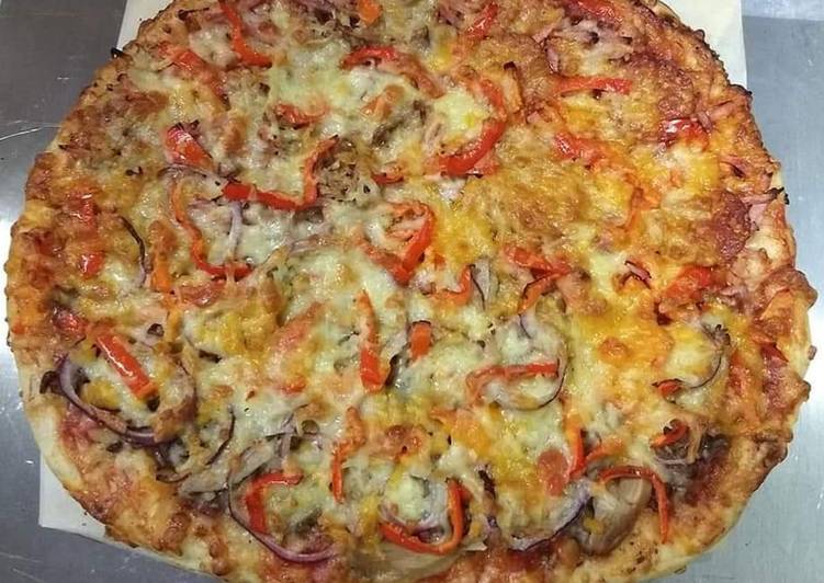 Pizza med pizzasauce - And - Oksekød - skinke - rød peber og ost