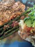 Balsamic dijon salmon w/sausage and arugula baked potato