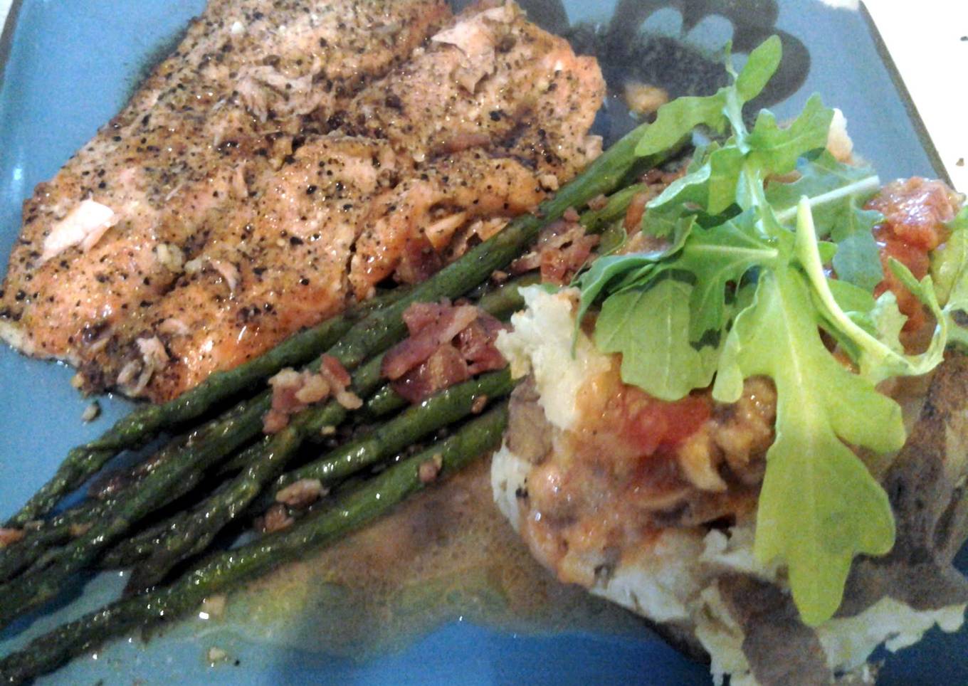 Balsamic dijon salmon w/sausage and arugula baked potato