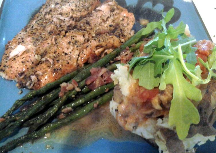 Steps to  Balsamic dijon salmon w/sausage and arugula baked potato