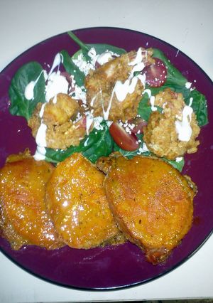A picture of Sweet & Spicy (apricot pork chops with buffalo shrimp).