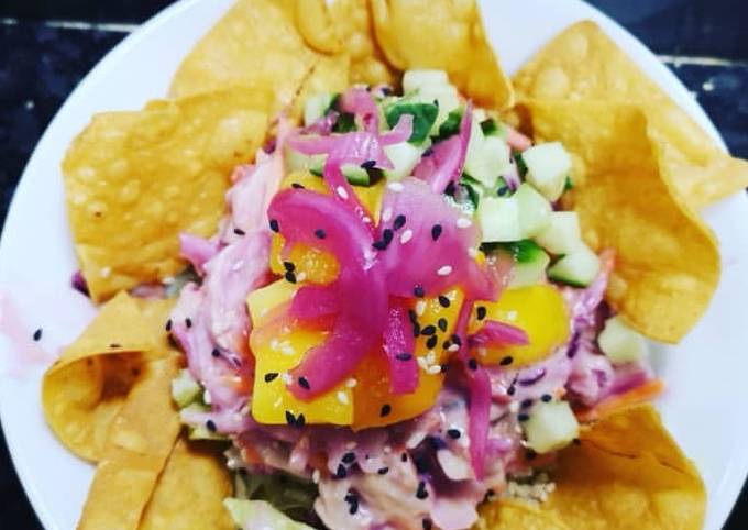 Coleslaw poke bowl with crispy corn chips