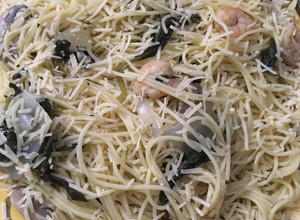 A picture of Buttery shrimp scampi in a white wine sauce over angel hair pasta#mycookbook.