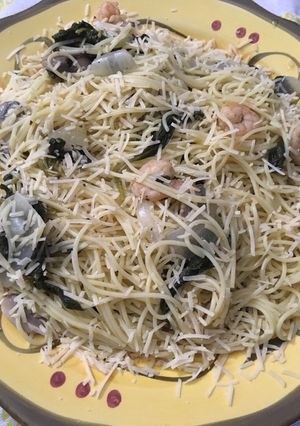 A picture of Buttery shrimp scampi in a white wine sauce over angel hair pasta#mycookbook.
