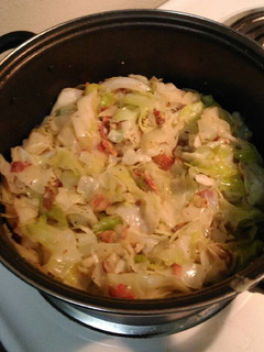 A picture of Fried Cabbage w/ Bacon, Garlic, and Onions.