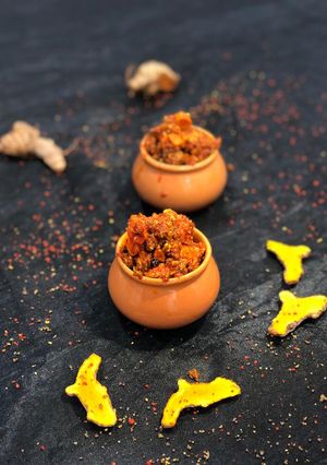 A picture of Haldi ka Aachar (fresh turmeric pickle).