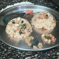 A picture of 80th Independence day tricolour vegetable upma mutter(green)tomato,(red)suji (white colour).