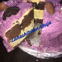 A picture of Easy Chocolate And Vanilla Birthday Cake with purple frosting.