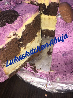 A picture of Easy Chocolate And Vanilla Birthday Cake with purple frosting.