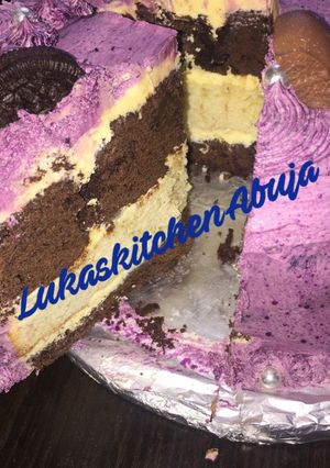 A picture of Easy Chocolate And Vanilla Birthday Cake with purple frosting.