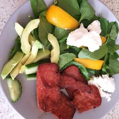 A picture of Lunch today, Spam. Spinach Avocado,cucumber,and two soft cheeses.