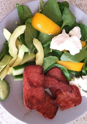 A picture of Lunch today, Spam. Spinach Avocado,cucumber,and two soft cheeses.