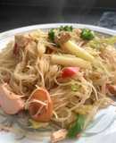 Thai style Stir-fried rice noodles with chicken and sausages