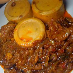A picture of Moi moi and Onion Sauce 🧆.