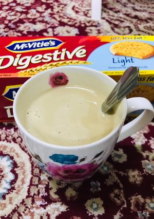 A picture of A hot cup of coffee with Nescafé gold.