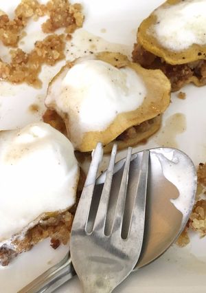 A picture of Honey Glazed Apples with Crumbled Cake.